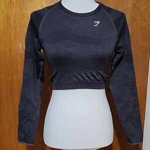 GYMSHARK Black Long Sleeve Crop Top Lace Down Back Size Medium